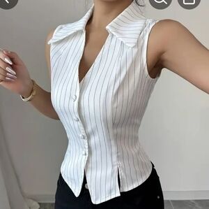 Elegant White Striped Sleeveless Shirt